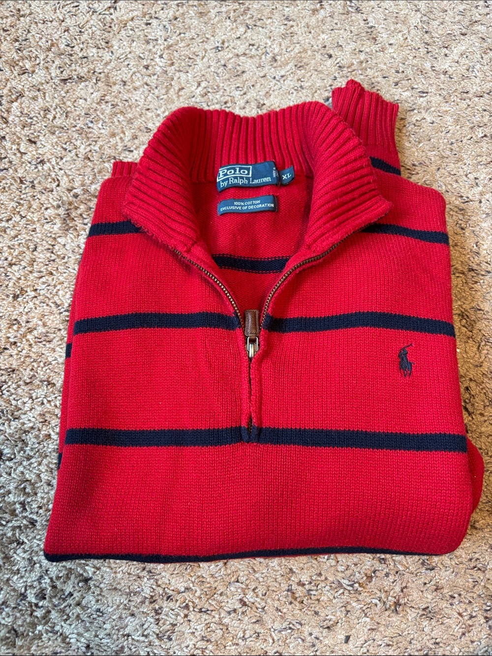 Polo by Ralph Lauren Red Zip-Front Striped Sweater with Navy Accents